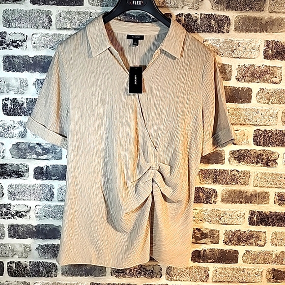 Womens Alfani Blouse Large Short Sleeved Neutral Tone Rouch Front Collar Busines - Picture 6 of 8